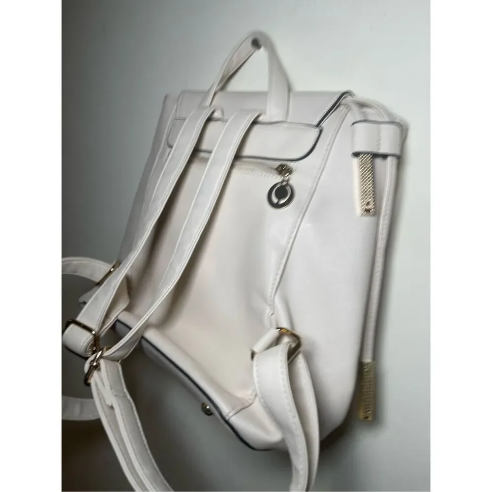 Kalkinguo White Vegan Leather Gold‎ Hardwu Flap Backpack Bag NWOT